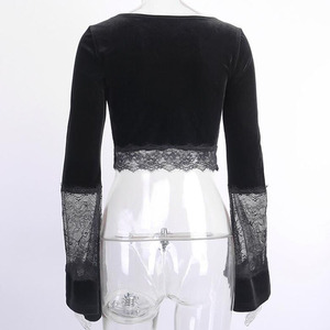 Dark <strong>Goth</strong> Long Sleeve <strong>Tshirt</strong> Women Sexy Lace Patchwork Flare Sleeve V Neck Short Tee Tops Streetwear Black Bottom <strong>Tshirt</strong> - Product Image 5