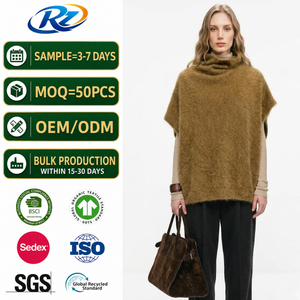 Poncho en cachemire brossé personnalisé pour <span class=keywords><strong>femme</strong></span>, couleur Ocre, <span class=keywords><strong>col</strong></span> châle, sans manches, cape en tricot moelleux, pull chaud superposé - Product Image 1