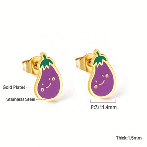 Boucles d'oreilles clous personnalisées pour enfants, en émail coloré, motif aubergine, en acier inoxydable plaqué or 18 carats, mignonnes boucles d'oreilles clous en forme de fruit pour enfants - Product Image 5