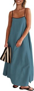 Abito Estivo in <span class=keywords><strong>Lino</strong></span> da <span class=keywords><strong>Donna</strong></span>, Vestito Lungo e Ampio con Spalline Sottili a Contrasto, Senza Maniche e Schiena Scoperta, Ideale per la Spiaggia - Product Image 2