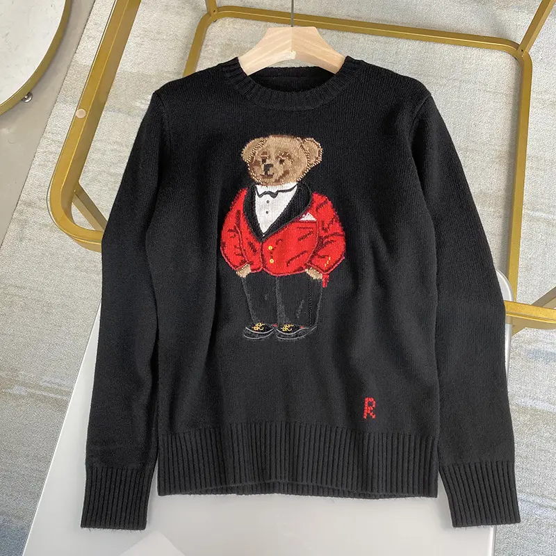 Women British Style Jacquard Knit Gentleman Bear Black Cashmere Sweater