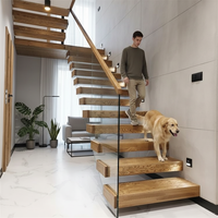 Escalier moderne en bois de chêne blanc massif avec marches flottantes et éclairage LED pour appartement et villa