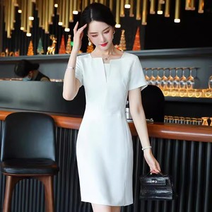 Women's Professional Sheath Dress Square Collar Solid Color Polyester Front Desk Work Uniform White Black Green - Product Image 1
