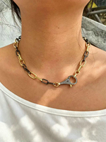 Collier tendance bohème bicolore en laiton, chaîne trombone, style hip-hop unisexe, avec fermoir mousqueton CZ, maillons épais, haute qualité, pour mariage et fête