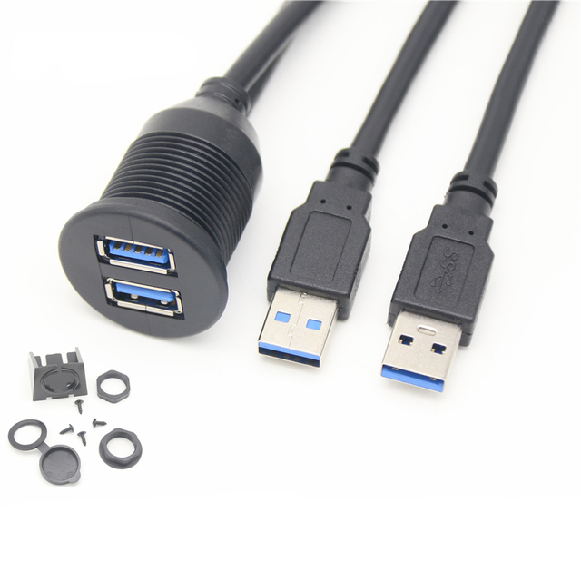 For Car Truck Boat Motorcycle Dashboard Panel Mount Flush Waterproof Dual Ports USB 3.0 Type a Male to Female Extension Cable