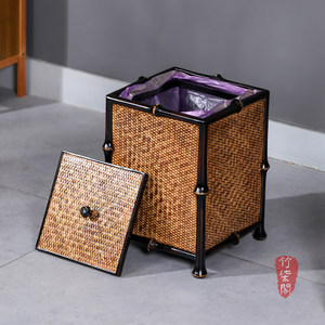 Bamboo Woven Trash Can Square With Lid Household Indoor Waste Bin Tea Room Accessory - Product Image 5