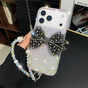 Coque de téléphone de luxe avec breloques nœud papillon en diamant pour iPhone 17 Air 16 Pro Max, chaîne 3D, bracelet Bling, cordon en strass, coque arrière - Product Image 4