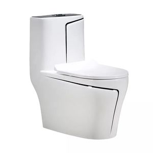 Vaso Sanitário Monobloco de Cerâmica para Banheiro Louça Sanitária de Luxo Cor Branca com Linha Dourada para Instalação no Piso - Product Image 3