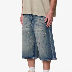 Pantalones cortos de mezclilla para hombre con pedrería, novedad 2026, multicolor, con cristales incrustados, holgados, de pierna ancha, con dobladillo sin rematar, estilo streetwear - Product Image 2