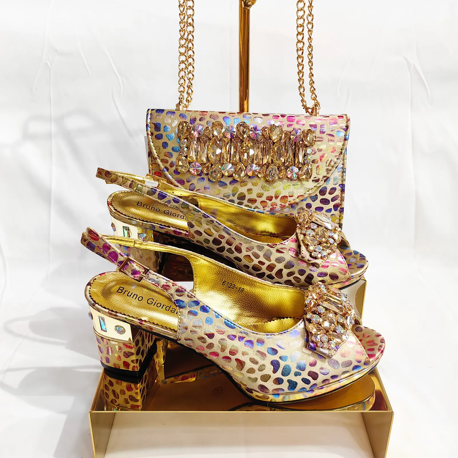 Bruno giordani sepatu hak sedang desain mode gesper berlian imitasi mewah penjualan langsung pabrik MANDIRI DAN set tas
