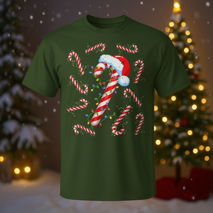 Maglietta natalizia Candy Cane Santa unisex per adulti, stampa digitale, girocollo, maniche corte, abbigliamento natalizio, design con luci di Natale - Product Image 2