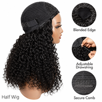 Perruque demi-tête afro bouclée frisée en cheveux humains, non-lacée, fabriquée à la machine, avec cordon de serrage, pour femmes noires