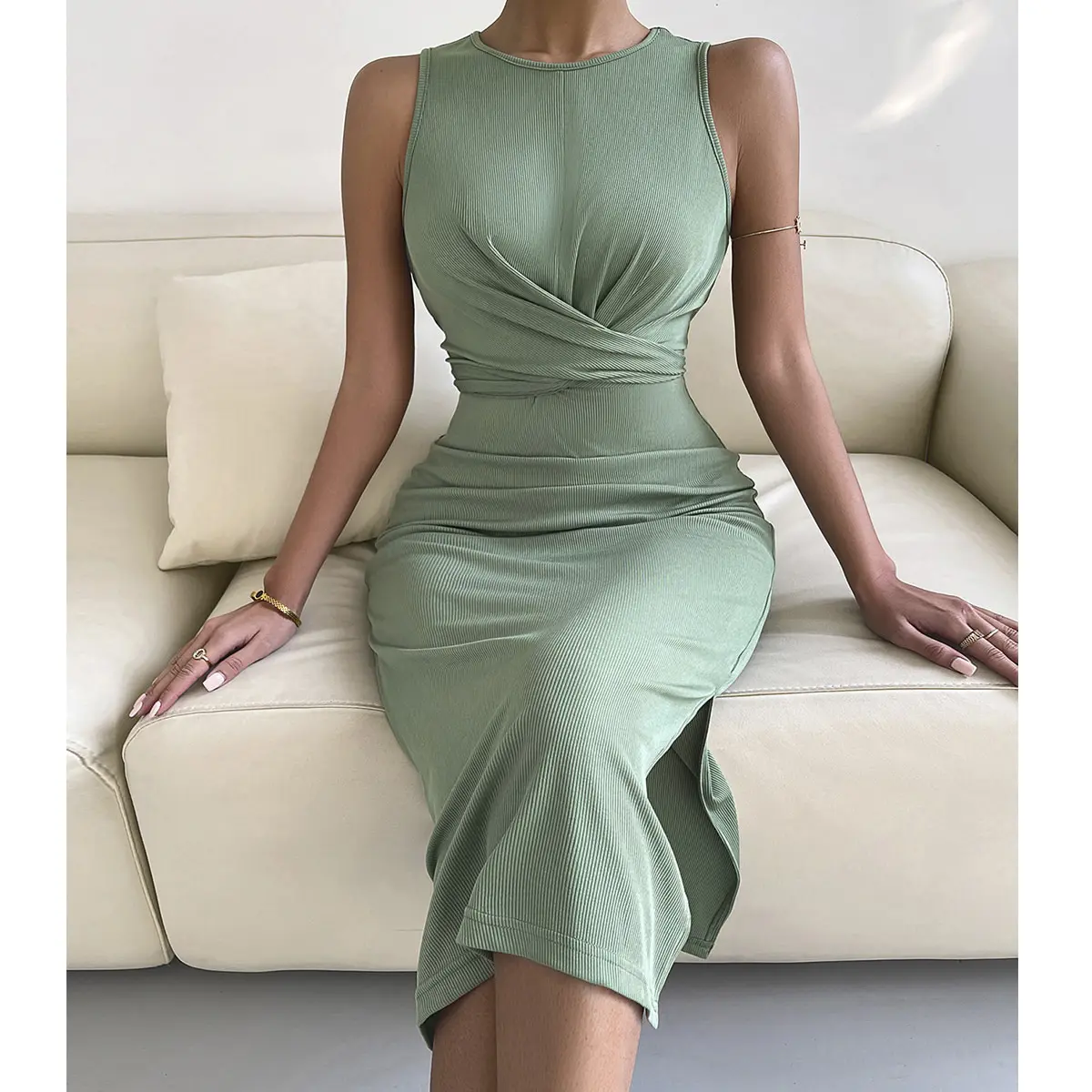 Unique Design Knitted Solid Color Evening Dress Sleeveless Women Dress