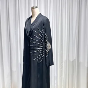 Classic Abaya 2024 Eid Advanced Black Exquisite Beaded Special Design Abaya Girl Muslim Summer Light Long Dress + Coat Arabic Abaya