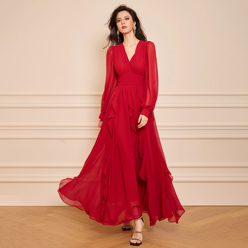 Order Online Long Sleeve Red Chiffon Dress Empire Waistline Design |  Alibaba.com