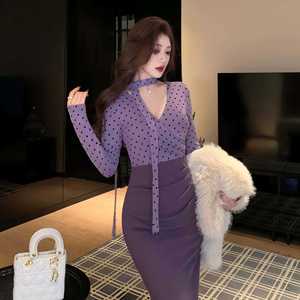 Purple Polka Dot Faux Two Piece Dress Women Autumn Long Sleeve Fitted Waist V Neck Bodycon <b>Skirt</b> Banquet Party Daily Wear - Product Image 5