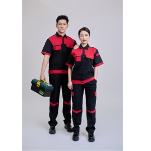 Conjunto de ropa de trabajo de seguridad de manga corta negra y roja para mujer FMF duradera transpirable vietnamita - Product Image 1