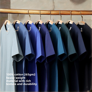 T-shirt décontracté bleu pour homme, col rond, coupe ample, 100 % coton tricoté lourd 260g, anti-boulochage, style rétro, manches courtes, vierge - Product Image 2