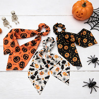 Pita Panjang Poliester Motif Laba-laba Hantu Labu Halloween, Ikat Rambut Elastis untuk Pesta Liburan Wanita, 3 Buah
