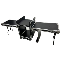 Flight case OEM 12U antichoc sur roulettes pour Midas M32R et amplificateurs, avec 2 tables DJ et 4 loquets de sécurité