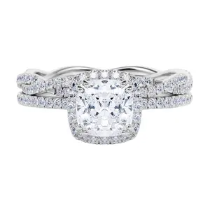 Wave Streamline Shape Eternal Love Couple Rings Cushion Cut Zircon Pave Full Diamond 925 Sterling Silver Wedding Ring Set