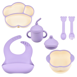 Ensemble d'alimentation pour bébé en silicone 6 pièces, assiette compartimentée bicolore, bol, bavoir, tasse, cuillère, fourchette, vaisselle pour l'autonomie alimentaire des tout-petits - Product Image 1