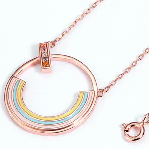 Regenbogen Zirkon-Halsband vergoldet Rose echtes Gold 925 Sterling-Silber mehrfarbiger Anhänger