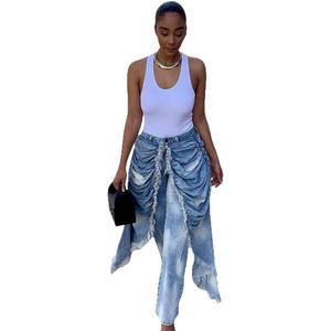 欧美女装高腰牛仔裤新款女装时尚个性百褶拉丝边直筒裤 - Product Image 5