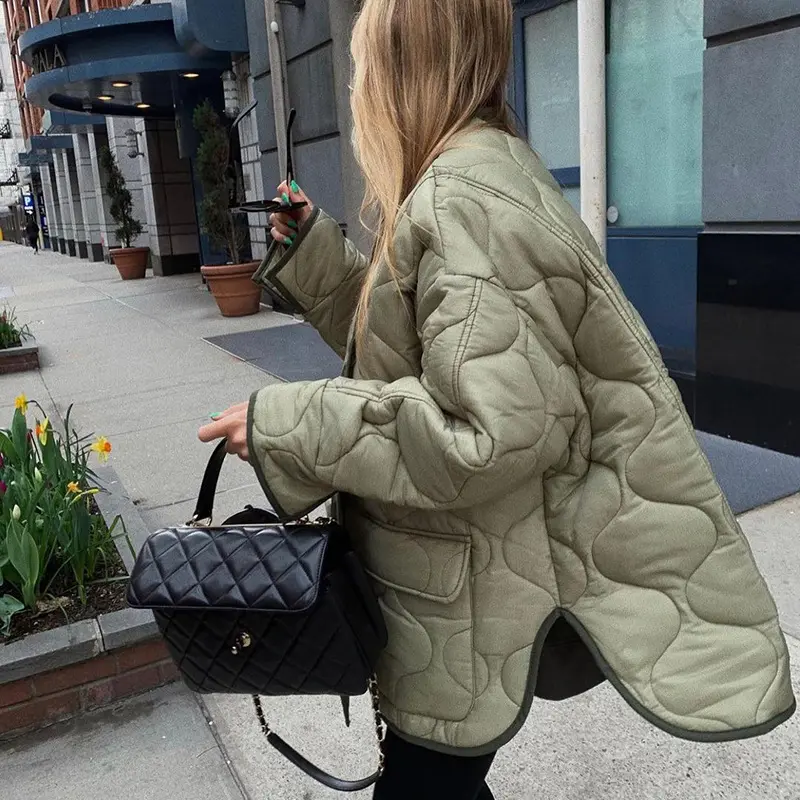2022 Trends Women Collarless Satin Bubble Women's Coats Winter Autumn Puffer Green Oversized Quilted Jacket