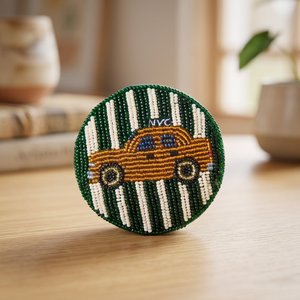 Handcrafted Beaded Car Coaster, Green & White Seed Bead Round Drink Coaster with Vintage Car Design, Table Decor & Gift - Product Image 5