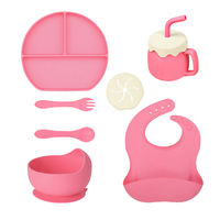 Ensemble de repas en silicone pour bébé : Assiette compartimentée, bavoir, tasse, cuillère, fourchette et bol pour aliments pour bébé