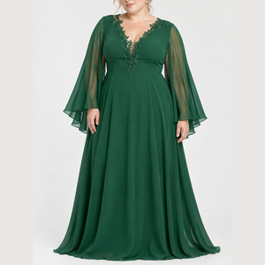 Abiti <span class=keywords><strong>da</strong></span> Sera Formali per Donne <span class=keywords><strong>Taglie</strong></span> <span class=keywords><strong>Forti</strong></span>, Verde Chiffon, Primaverili, Linea A, Scollo a V, con Cristalli e Piume - Product Image 1