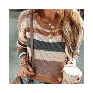 2024 New Women Knitwear Top Round Neck Color Block Loose Knitted Winter Sweater Pullover