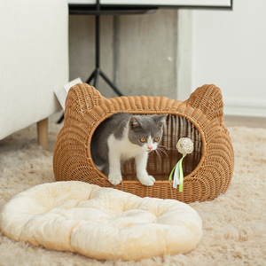 Casa para gatos de imitación de ratán, cama redonda cálida para mascotas con cojín extraíble y lavable - Product Image 2