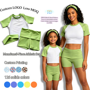 <strong>Mom</strong> <strong>and</strong> <strong>Me</strong> 3 Piece Athletic Set Kids Raglan Crop Top &amp; High Waist Shorts With Headband Mommy&amp;<strong>me</strong> Fold Over Short Yoga Set - Product Image 1