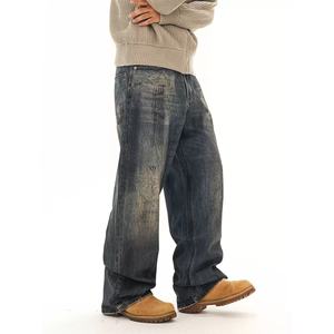 Custom Washed High Quality Cotton Distressed <b>Jeans</b> for <b>Men</b> Vintage Streetwear Straight Fit Baggy <b>Trousers</b> <b>Men's</b> Denim Pants - Product Image 2