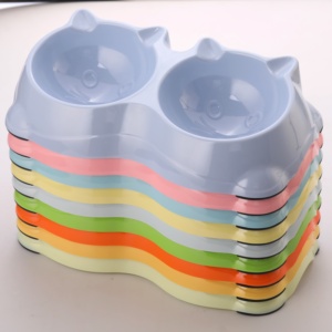 Cute <b>Cat</b> Face Dual Pet Bowl Plastic Non Slip <b>Feeder</b> For <b>Cats</b> Kitten Small Puppy Multi Color Rounded Design - Product Image 6