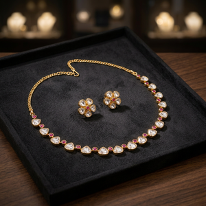 Elegant Gold/Silver Plated Tennis <b>Chain</b> Necklace & Flower <b>Stud</b> <b>Earrings</b> Set Minimalist Party Wear Jewelry with Ring - Product Image 3