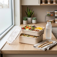 Boîte à lunch bento écologique en paille de blé, 2 étages, conteneur alimentaire portable, 3 compartiments pour le bureau et l'école