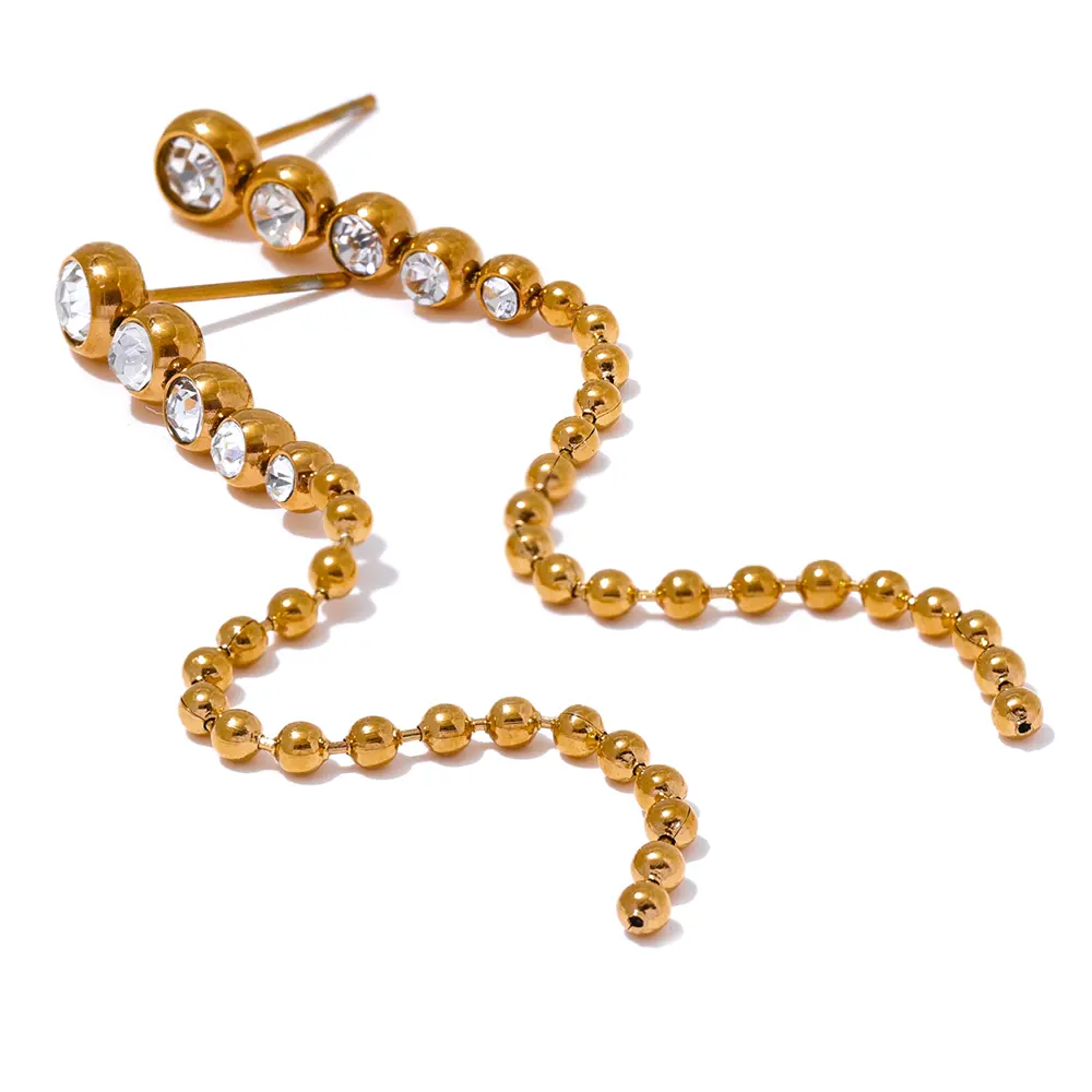 JINYOU 3363 Luxury Shiny Cubic Zirconia Beads Long Chain Tassel Drop Earrings 18k Gold Color Stainless Steel Fashion Jewelry