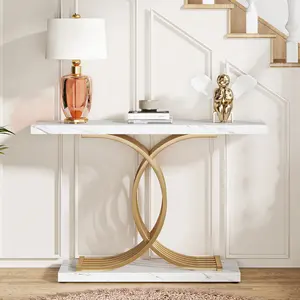 Tribesigns Wooden Decorative White Faux Marble Top Console Table With Geometric Gold Metal Frame For Living Room Entrance