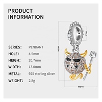 Pendentif vintage en argent Sterling 925 pour femme, petit bijou, breloque du diable, plaque en or, avec CZ transparent, Bracelet breloque adapté, pour cadeau d'halloween