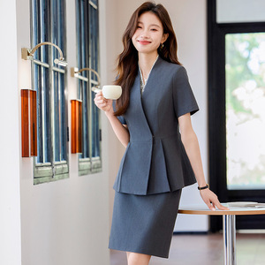 Women's Short Sleeve Suit Set V Neck Worsted Summer Office Lady Professional Workwear Anti Wrinkle Uniform - Product Image 3
