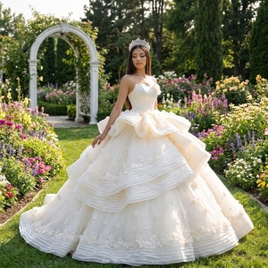 Robe de mariée élégante Spjy018, bustier en satin, jupe plissée à volants superposés, fleurs 3D, longueur ras du sol, coupe naturelle - Product Image 1