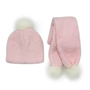 Set syal topi beanie Pom bulu sherpa kustom OEM anak