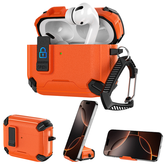 Secure Lock with Keychain Kickstand Holder Earphone Case for AirPods Pro 3 2 Cover Shockproof Earphone Cover for AirPods 4 3