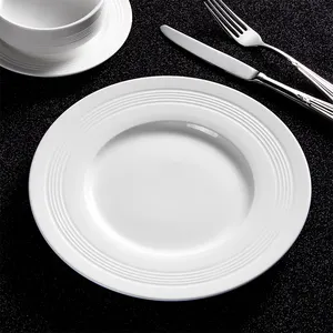 Set piring keramik garis timbul putih murni, piring sup piring makan malam datar porselen Hotel restoran piring katering