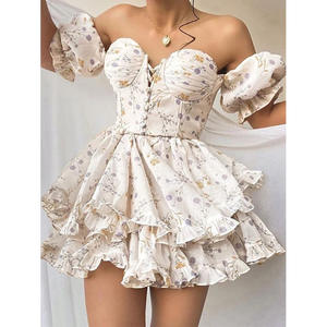 Abito Mini a Linea A con Schiena Scoperta, <span class=keywords><strong>Spalle</strong></span> <span class=keywords><strong>Scoperte</strong></span>, <span class=keywords><strong>Maniche</strong></span> <span class=keywords><strong>Lunghe</strong></span>, Stampa Floreale, Sexy e Dolce per Donna - Product Image 1