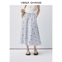 Jupe midi pour femme VEGA CHANG, personnalisée, à carreaux vichy, brodée de fleurs, avec taille haute élastique et silhouette fluide