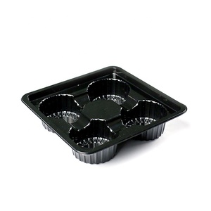 Disposable Macaron Tray Plastic Container Packed Black Square 4 compartment Donut muffins Cookie tray